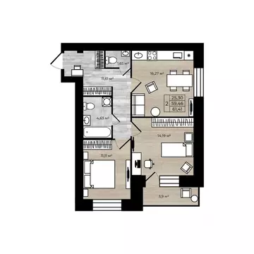 2-к кв. Ярославская область, Ярославль Тормозное ш. (61.41 м)