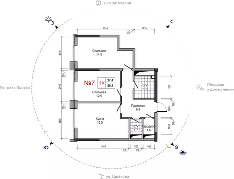 2-к кв. Калужская область, Обнинск ул. Усачева (59.2 м)