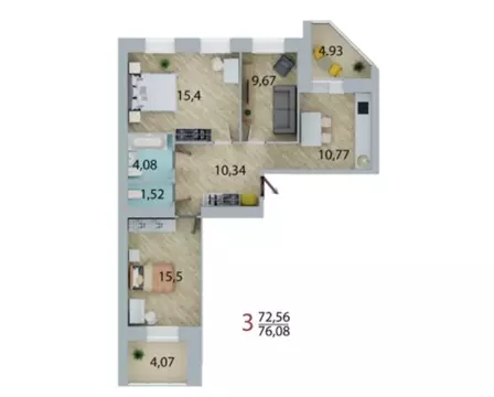 3-комнатная квартира: Омск, 3-я Енисейская улица, 28/1 (72.57 м)