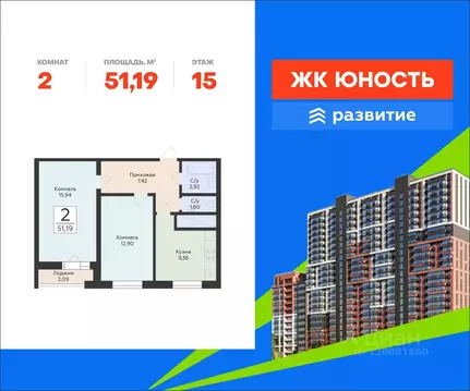 2-к кв. Самарская область, Самара Юность жилой комплекс (51.19 м)