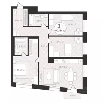 3-к кв. Башкортостан, Уфа Южный-2 мкр,  (90.64 м)
