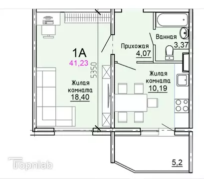 1-комнатная квартира: Голубое, 3 (41.2 м)