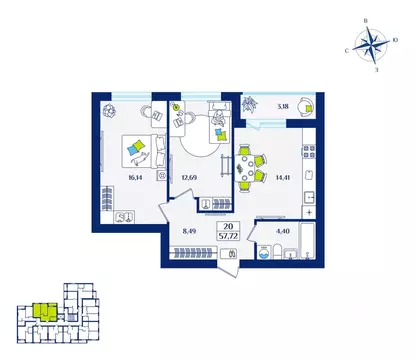 2-к кв. Калининградская область, Зеленоградск  (57.72 м)
