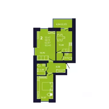 2-к кв. Башкортостан, Уфа ул. Михаила Зайцева, 6 (61.2 м)