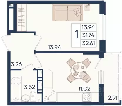 1-к кв. Краснодарский край, Краснодар  (32.61 м)