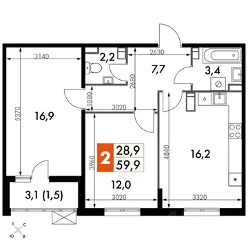 2-к кв. Калужская область, Обнинск просп. Ленина, 211 (59.9 м)
