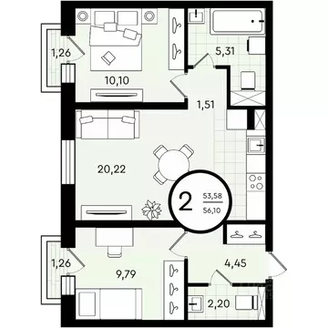 2-к кв. Тюменская область, Тюмень ул. Александра Звягина, 2 (56.1 м)