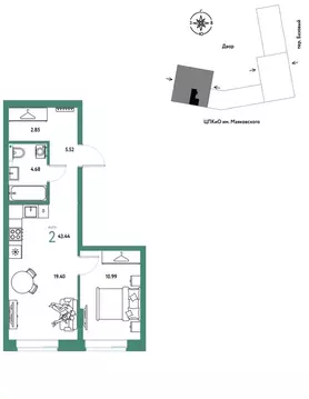 2-к кв. Свердловская область, Екатеринбург пер. Базовый, 10 (43.44 м)