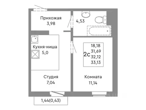 2-к кв. Челябинская область, Челябинск ул. Танкистов, 175 (32.12 м)