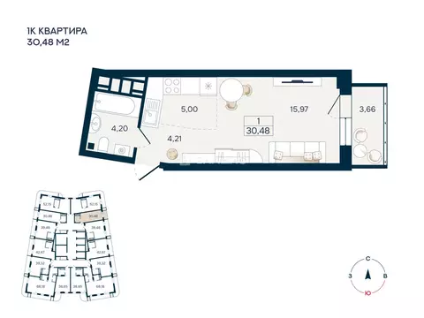 1-комнатная квартира: Благовещенск, улица Чайковского, 100/2 (30.48 м)