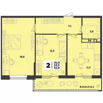 2-к кв. Краснодарский край, Краснодар  (55.9 м)
