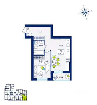 1-к кв. Калининградская область, Зеленоградск  (42.27 м)