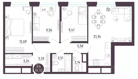 3-к кв. Тульская область, Тула ул. Купцов Гречихиных (70.72 м)