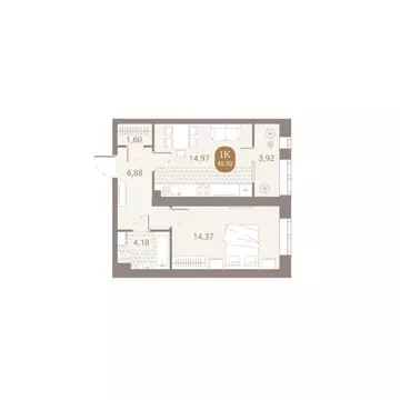 1-к кв. Пензенская область, Пенза Артель жилой комплекс (45.92 м)