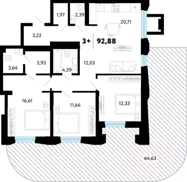 3-комнатная квартира: Тюмень, улица Судостроителей, 48 (92.88 м)