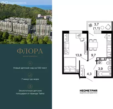 1-комнатная квартира: Сочи, улица Искры, 66/9к8 (32.8 м)