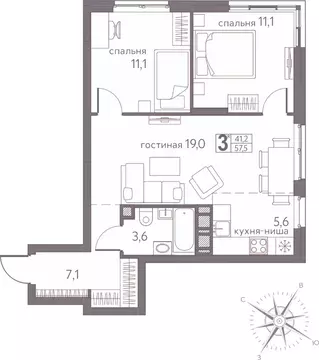 Студия Пермский край, Пермь ул. Серебристая, 3А (57.5 м)