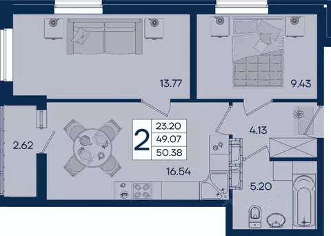 2-к кв. Краснодарский край, Краснодар  (50.38 м)