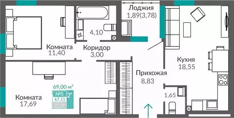 2-к кв. Крым, Симферополь Горизонты жилой комплекс (67.11 м)