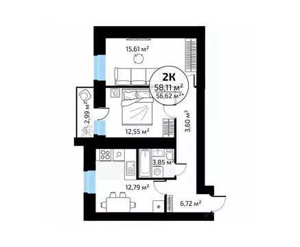 2-к кв. Самарская область, Самара пос. Мехзавод, 1-й кв-л, 50 (58.11 ...
