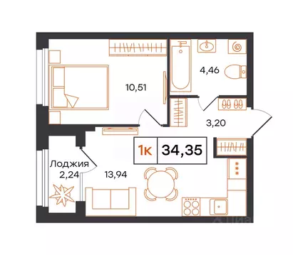 1-к кв. Тюменская область, Тюмень Фатера жилой комплекс (34.35 м)