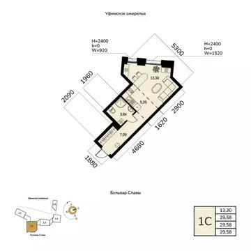 1-к кв. Башкортостан, Уфа ул. Чудинова (29.58 м)