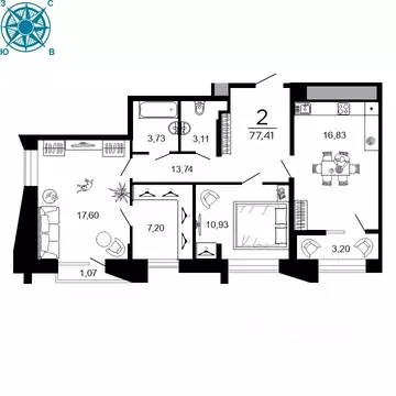 2-к кв. Рязанская область, Рязань ул. 1-я Железнодорожная (77.41 м)