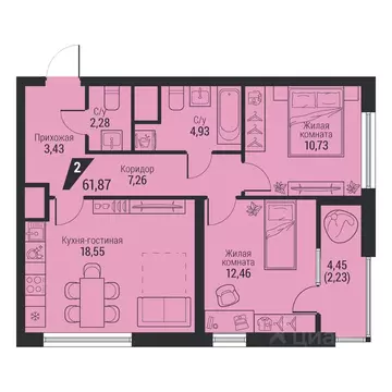 2-к кв. Свердловская область, Екатеринбург просп. Космонавтов, 100 ...