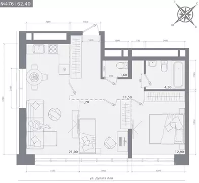 2-к кв. Татарстан, Казань 1712 жилой комплекс (62.4 м)