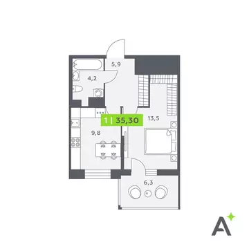1-комнатная квартира: Кудрово, Солнечная улица, 4 (35.3 м)