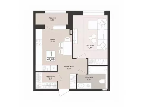 1-к кв. Воронежская область, Воронеж Эклипс жилой комплекс (42.69 м)