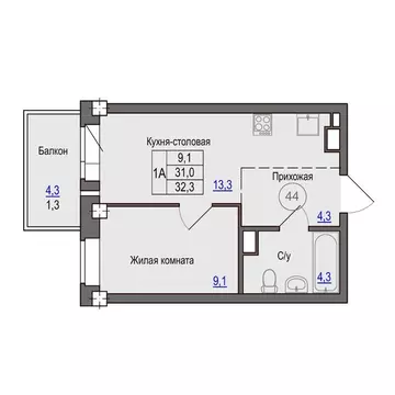 1-к кв. Псковская область, Псковский район, Завеличенская волость, д. ...
