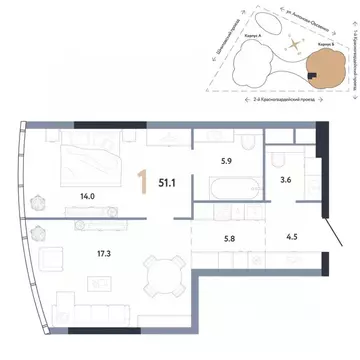 1-к кв. Москва Камушки мкр,  (51.1 м)