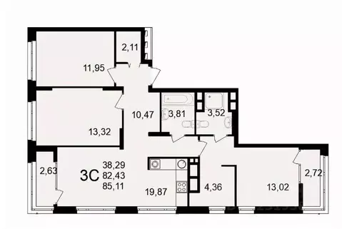 3-к кв. Рязанская область, Рязань Аура жилой комплекс (85.11 м)
