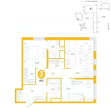 3-к кв. Тюменская область, Тюмень ул. Лесопарковая, 20 (67.1 м)