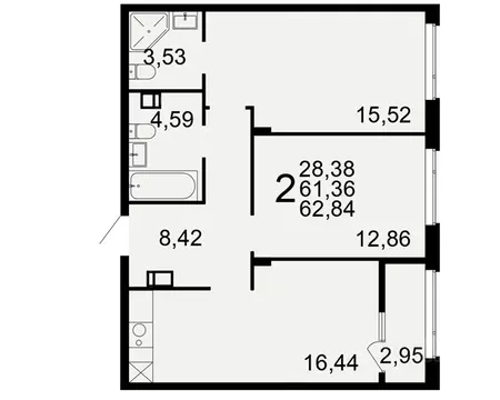 2-к кв. Тульская область, Тула Флагман жилой комплекс (61.36 м)