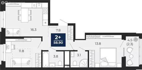 2-комнатная квартира: Тюмень, проезд Капитана Куликова, 5 (58.9 м)
