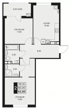 2-к кв. Ростовская область, Ростов-на-Дону Эстет жилой комплекс (62.6 ...