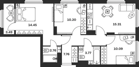 3-к кв. Тульская область, Тула Баташи Парк жилой комплекс (67.83 м)