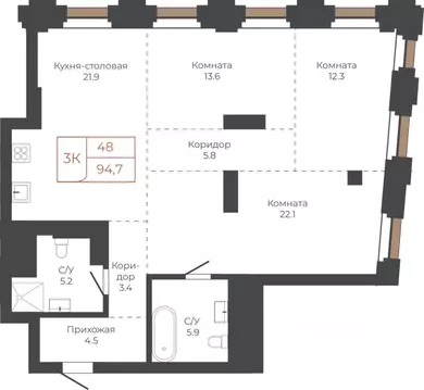 3-к кв. Алтайский край, Барнаул пл. Баварина, 8к2 (94.6 м)