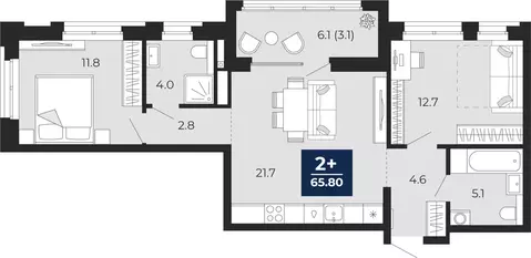 2-комнатная квартира: Тюмень, улица Тимофея Чаркова, 77 (62.7 м)