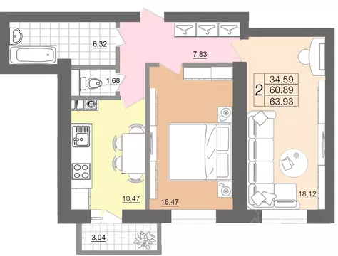 2-к кв. Смоленская область, Смоленск Вяземская ул., 34В (63.93 м)