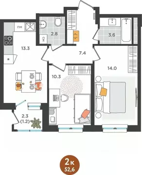 2-к кв. Пермский край, Пермь ул. Куфонина, 1 (52.6 м)