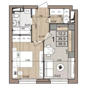 1-к кв. Рязанская область, Рязань ул. Новоселов, 33Б (39.9 м)