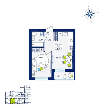 1-к кв. Калининградская область, Зеленоградск  (34.44 м)