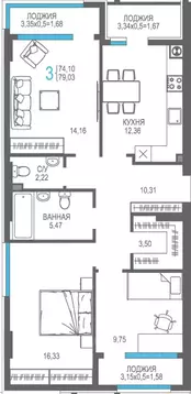 3-к кв. Крым, Алушта На Фонтанке жилой комплекс (74.65 м)