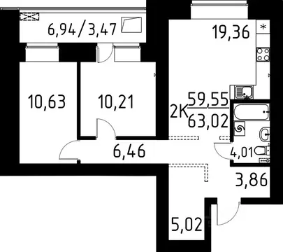 2-к кв. Томская область, Томск ул. Вершинина, 58к2 (63.02 м)