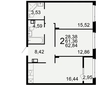 2-к кв. Тульская область, Тула Флагман жилой комплекс (61.36 м)