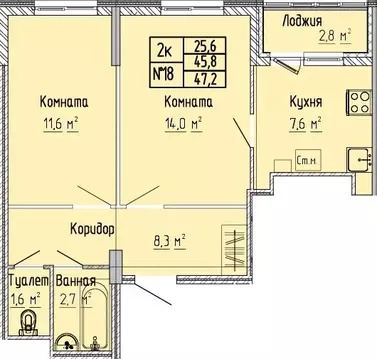 2-к кв. Тверская область, Тверь Атлант жилой комплекс (47.2 м)