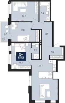 3-комнатная квартира: Тюмень, проезд Капитана Куликова, 5 (95.1 м)